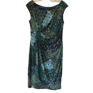 Connected Apparel Sleeveless Teal Turquoise Patterned Faux Wrap Dress Size 8